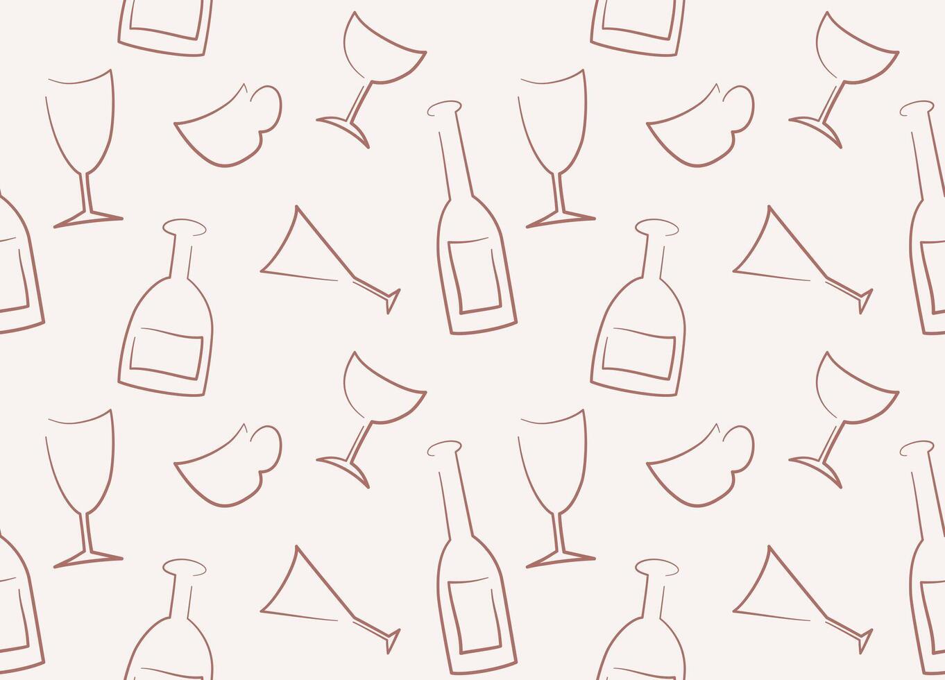 bottles and wine glasses icons on beige background, seamless pattern for textile printing, wallpaper, wrapping paper. vector