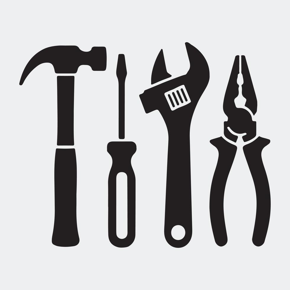 Minimalist Black Silhouette Set of Various Hand Tools for DIY Projects vector