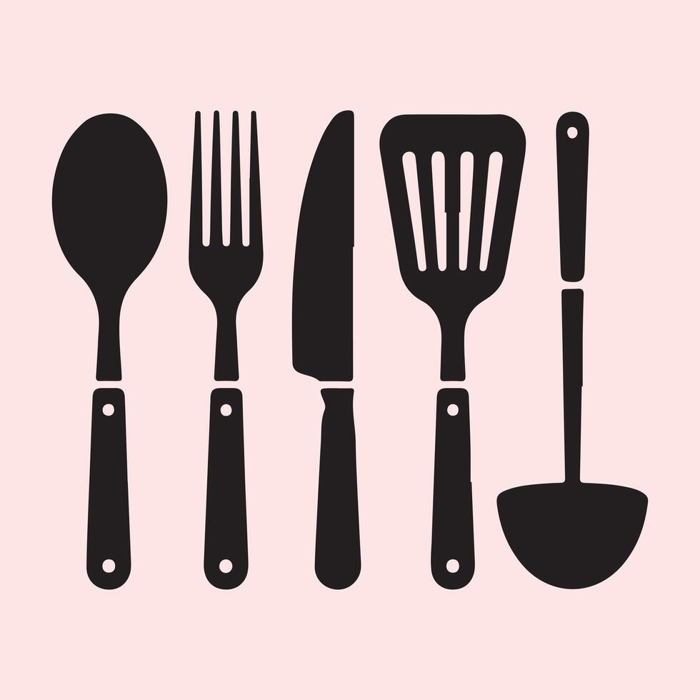 Clean Black Silhouette Set of Common Cooking Utensils vector