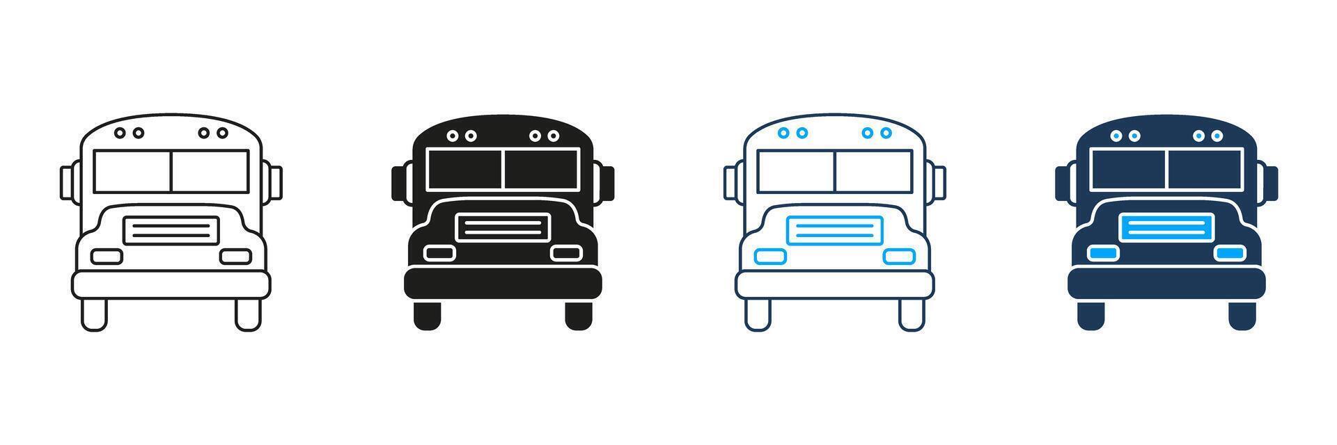 School Bus Front View Line And Solid Icon Set. Transportation, Education, And Public Transit Symbol Collection. Vehicle Design And Safety Representation. Isolated Illustration vector