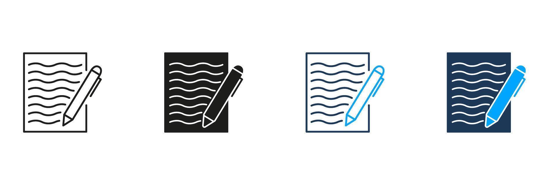 Document And Pen Line And Solid Icon Set. Writing, Note-Taking, And Documentation Symbol Collection. Ideal For Education, Office, And Communication Themes. Isolated Illustration vector