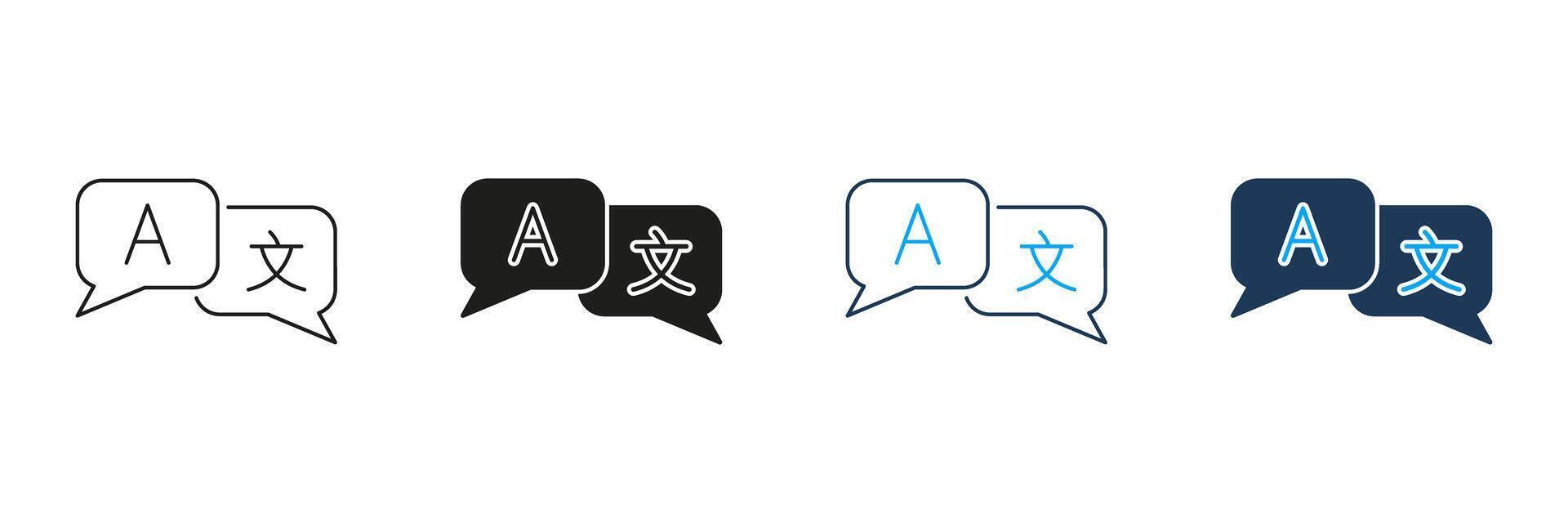 Speech Bubbles With Language Symbols Line And Solid Icon Set. Multilingual Communication And Translation Symbol Collection. Language Exchange And Global Interaction. Isolated Illustration vector