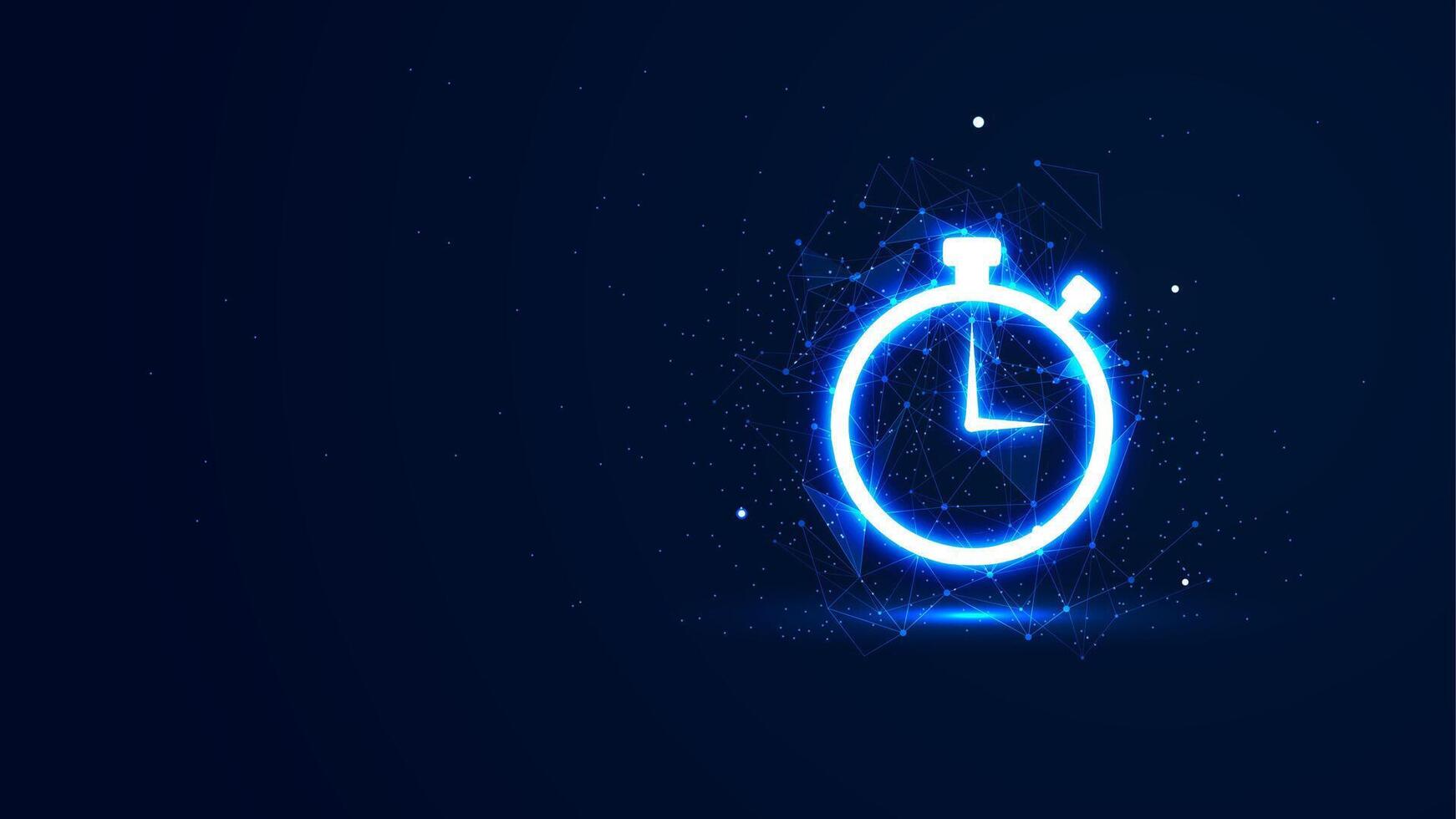 Futuristic glowing stopwatch with plexus lines and glitter particles. A symbol of time in the neon light style. 3D abstract countdown copy space in the night view. Digital technology background vector
