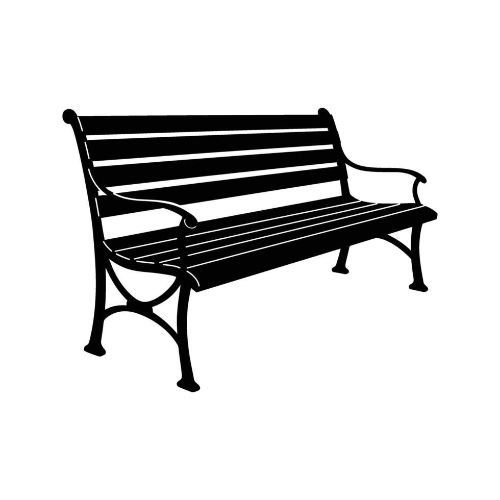 Black silhouette of a park bench outdoor seating wooden slats metal legs isolated on white background vector