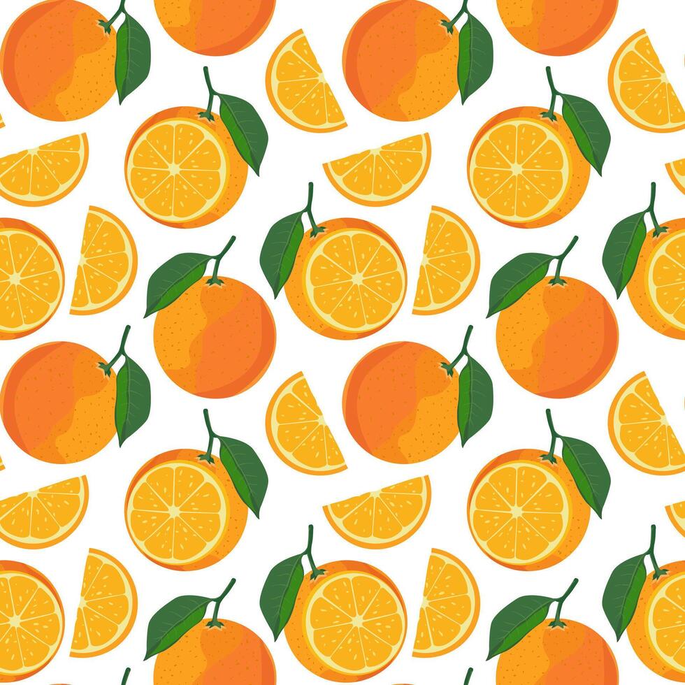 Seamless pattern with oranges on isolated background. illustration of sliced slices and whole orange. Tropical fruit template for packaging design, banner, postcards, textiles. vector