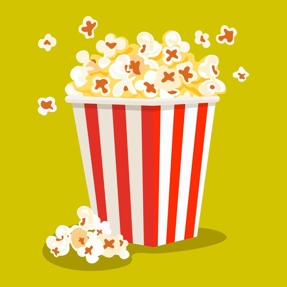 Flat style popcorn box. Popcorn is a staple snack for watching a film. Isolated on a yellow background. image vector