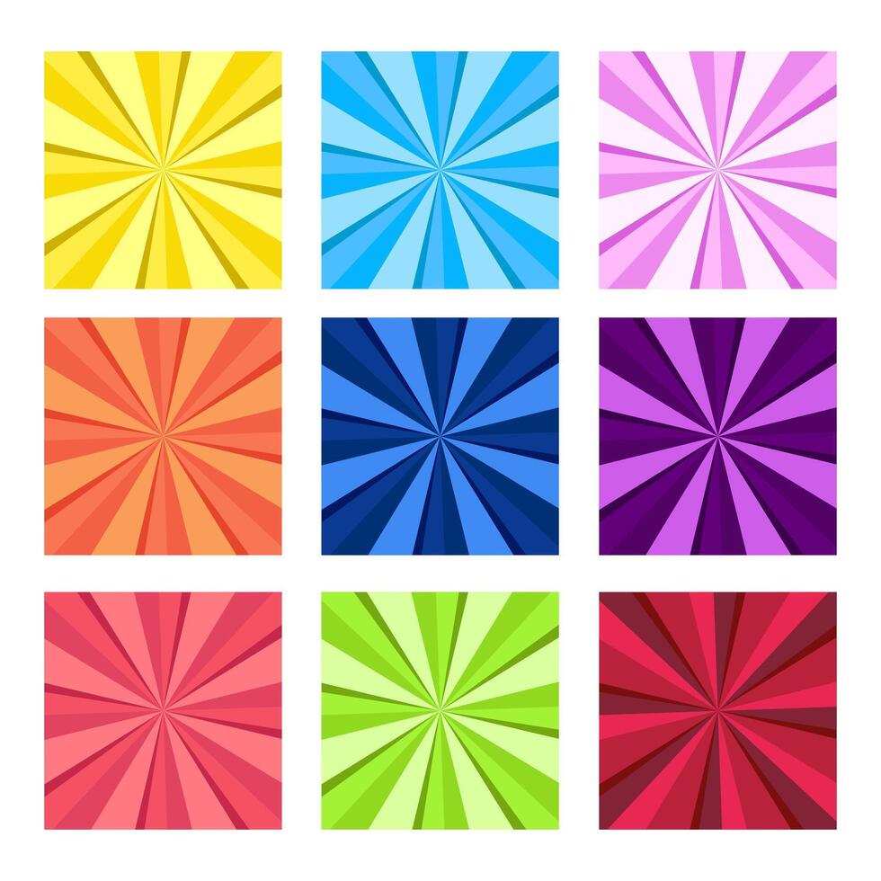 Set of multicoloured sun rays in square posters on white background. Shades of blue, yellow, red and green colour design of circus backgrounds vector