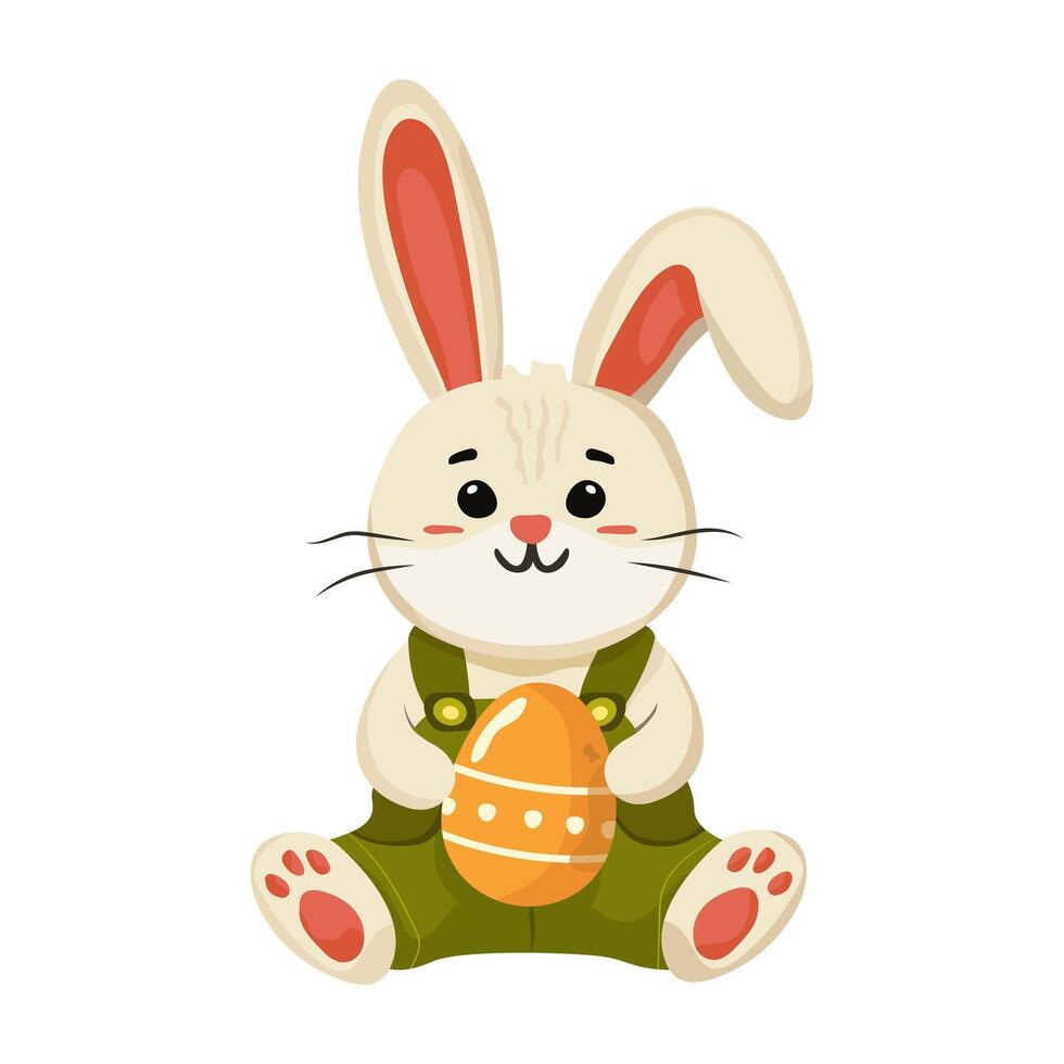 Cute Easter bunny sitting and holding a painted egg in his paws illustration for Easter greetings on white background vector