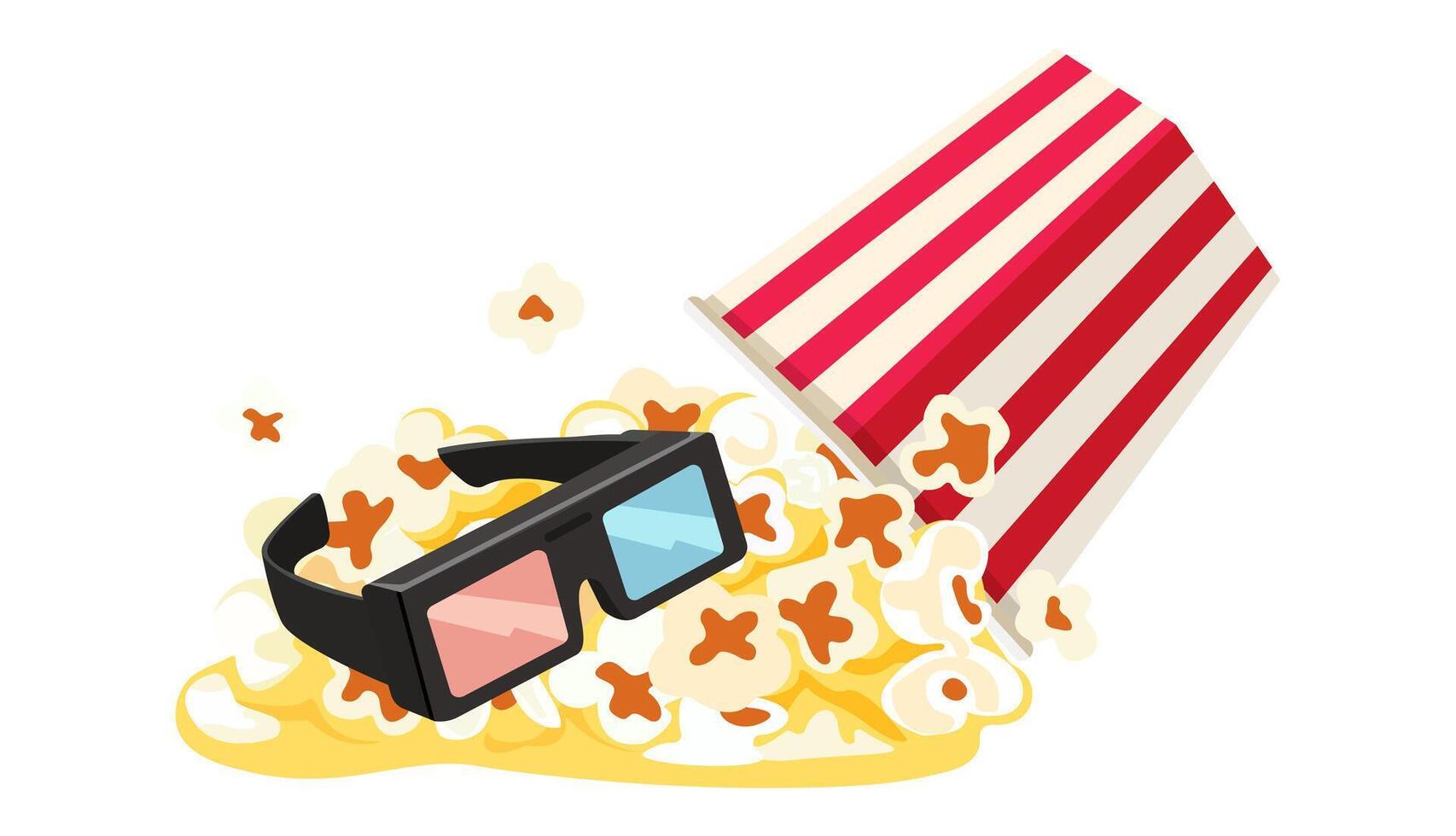 Popcorn scattered from a box and 3d glasses for watching movie Time at the cinema. images. Isolated vector