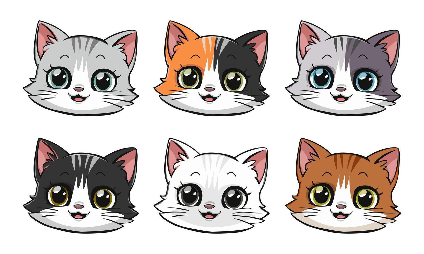 Cat face head icon icon set. Different colors. Cute kitten. Children's funny character. Sticker printing. Flat design. Isolated on white background. vector