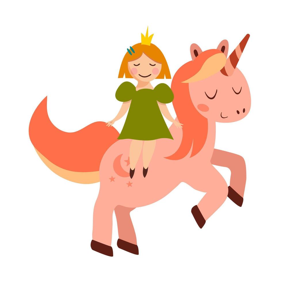 Cute princess girl sitting riding a unicorn. Fairy tale unicorn in flat style. illustration isolated for greeting card, poster, print, textile, children books, wallpaper vector