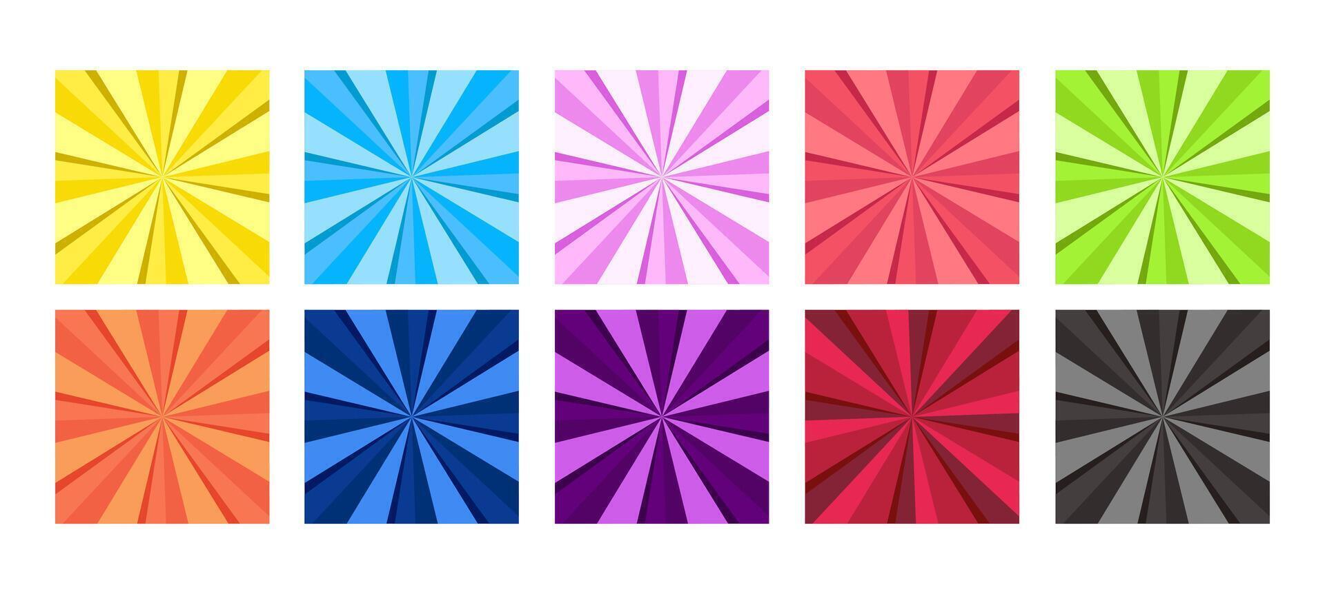 Set of multicoloured sun rays in square posters on white background. Shades of blue, yellow, red, green and pink colours design of circus backgrounds vector