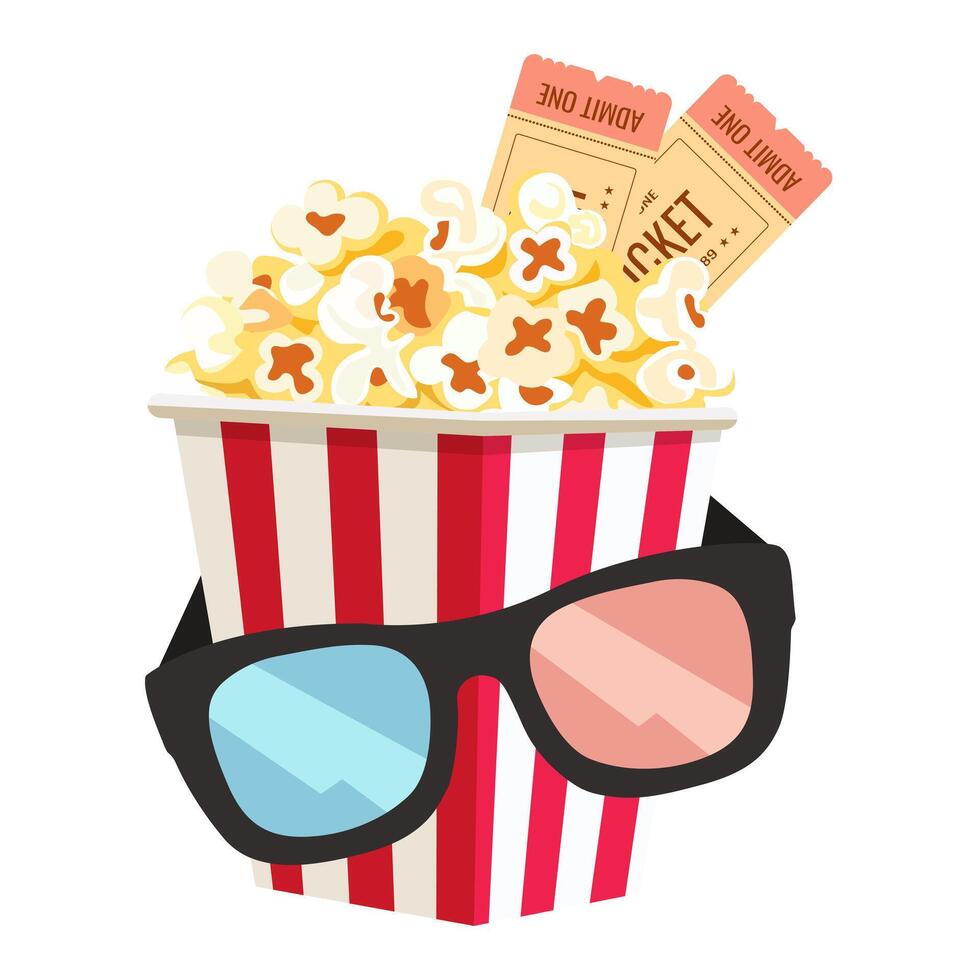 Popcorn, tickets, and 3D glasses vector