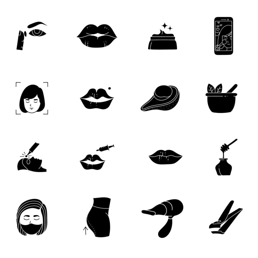black hand drawn women beauty treatment icon series vector