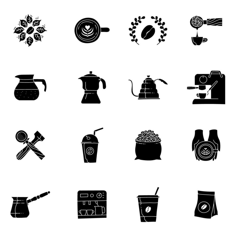 set of black hand drawn coffee icons vector