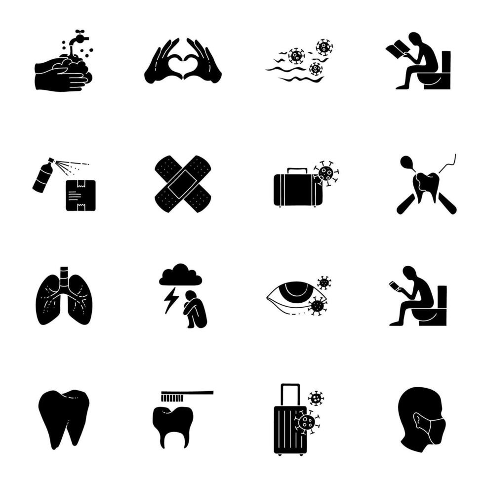 black hand drawn health care icon set vector