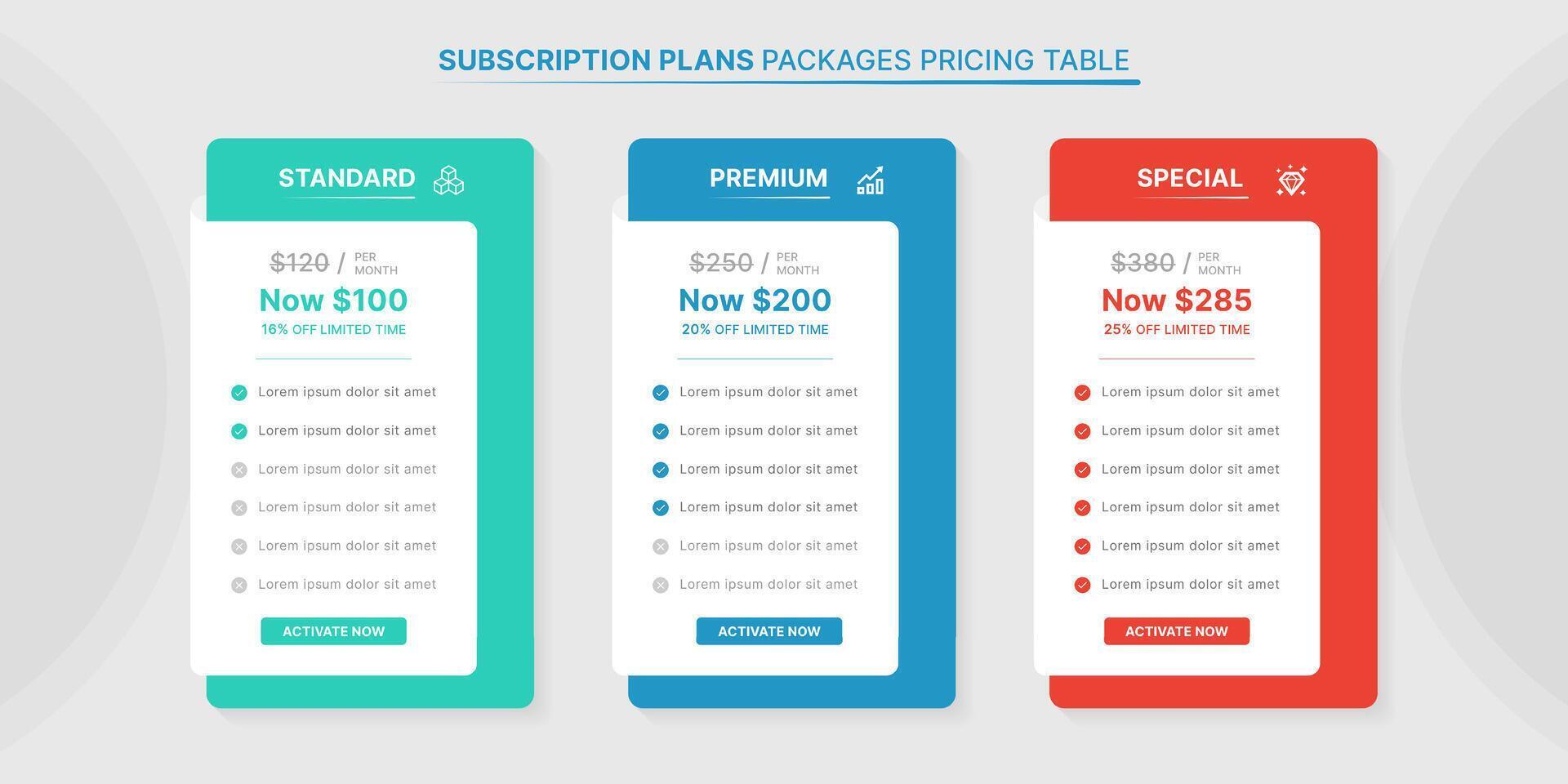 Subscription Plans Packages Pricing Comparison Table Infographic Template with 3 Plans vector