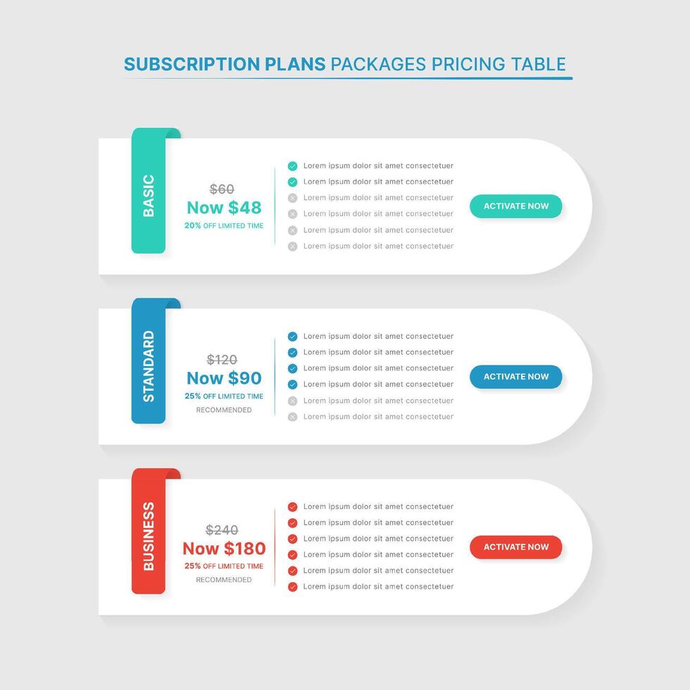Subscription Plans Pricing Comparison Table Infographic Template with 3 Packages vector