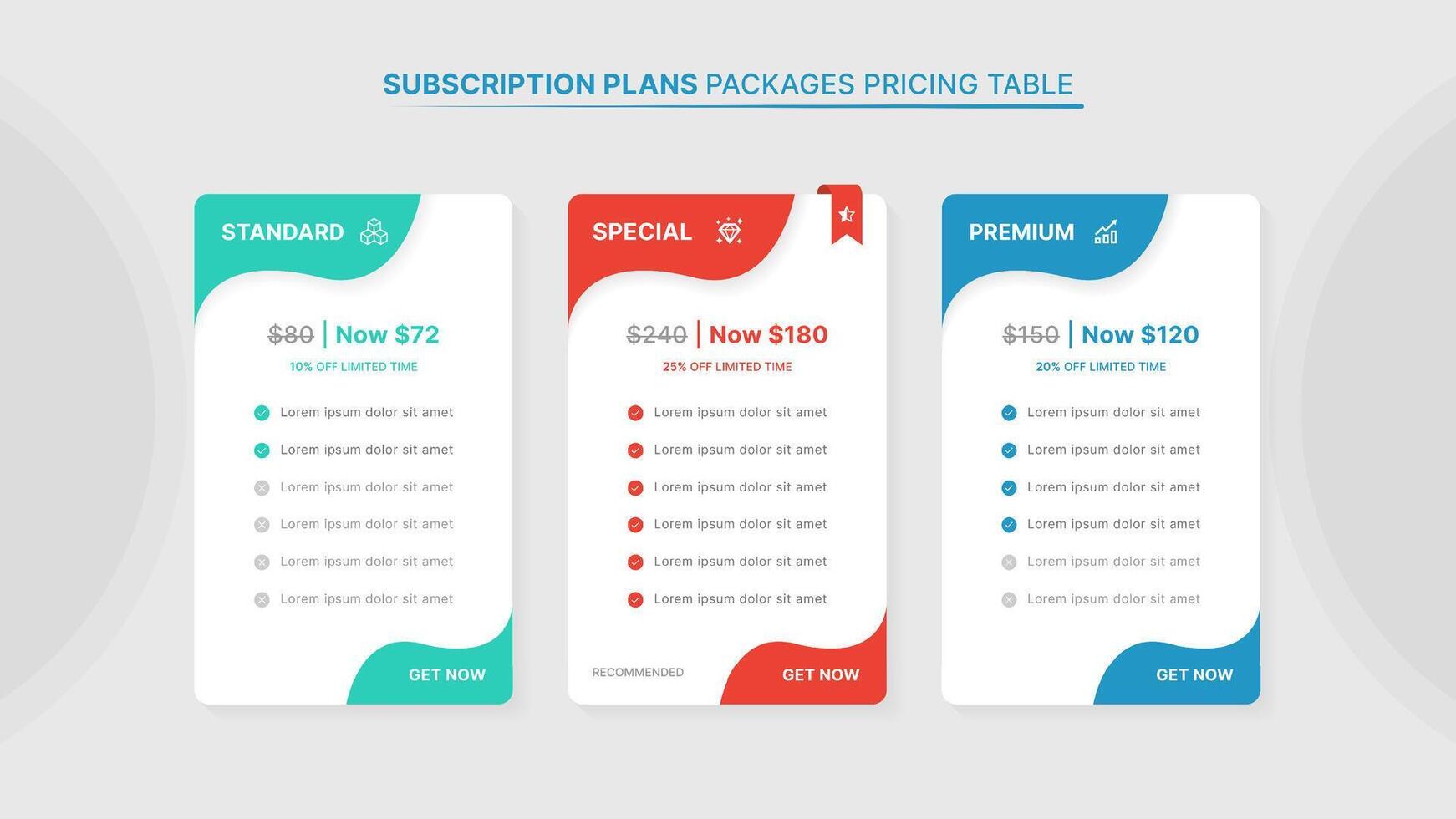 Price Comparison Table Infographic Template with 3 Subscription Plans vector