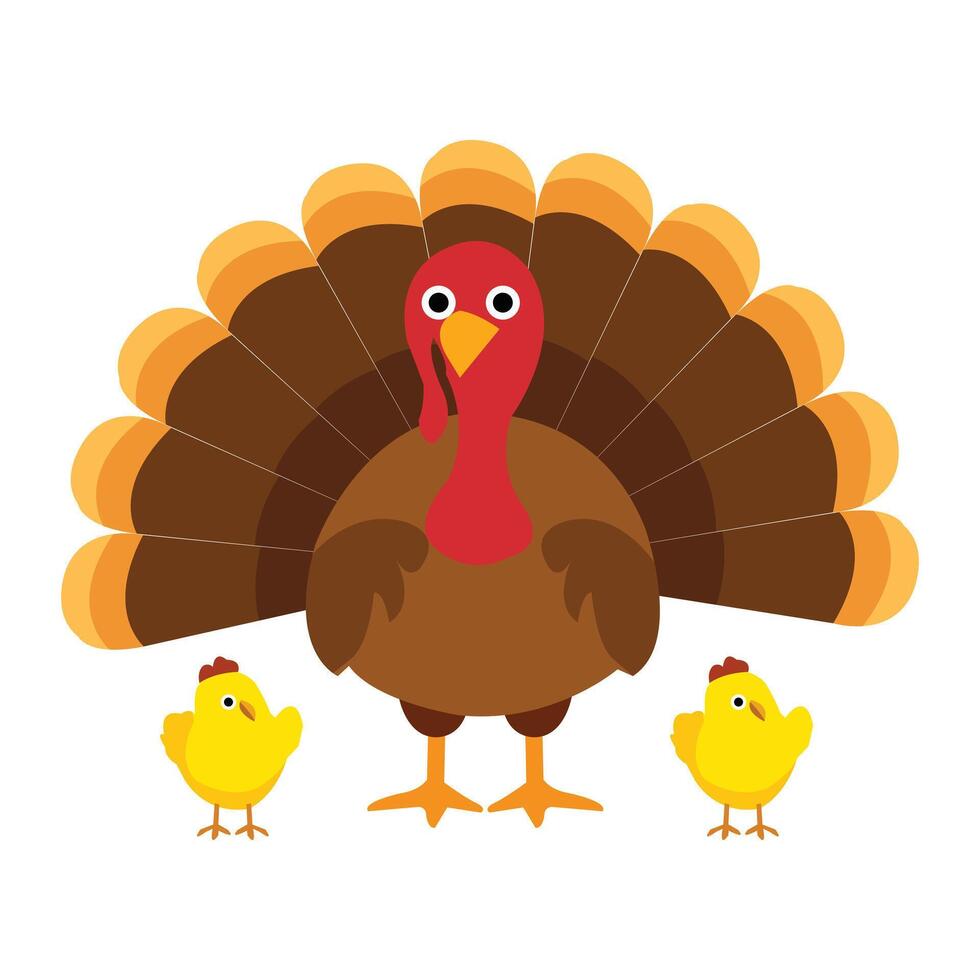 Cute Little Chicken Pecking with Turkey hen on White Background vector