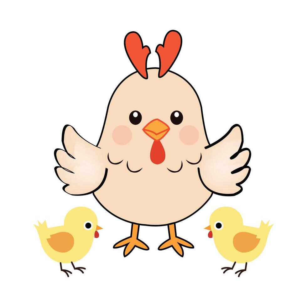 Happy Cartoon Hen with Chicks on White Background vector