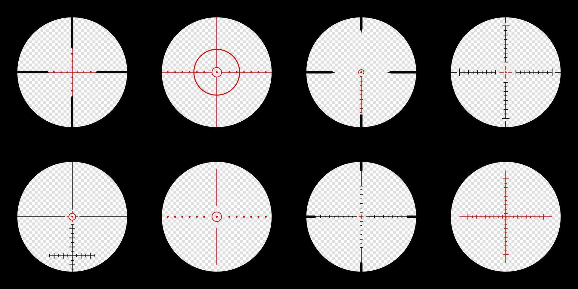 set of realistic sniper scope crosshairs view. sniper sight with measurement marks. sniper scope template isolated on transparent background. rifle optical sight vector