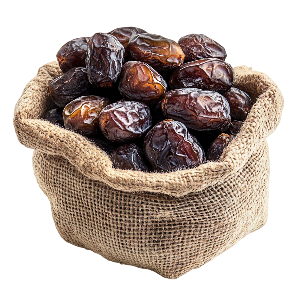 Ajar Dates in Rustic Burlap Sack with Organic Texture and Natural Detail for Ramadan and Healthy Food Concepts Isolated On Transparent Background png