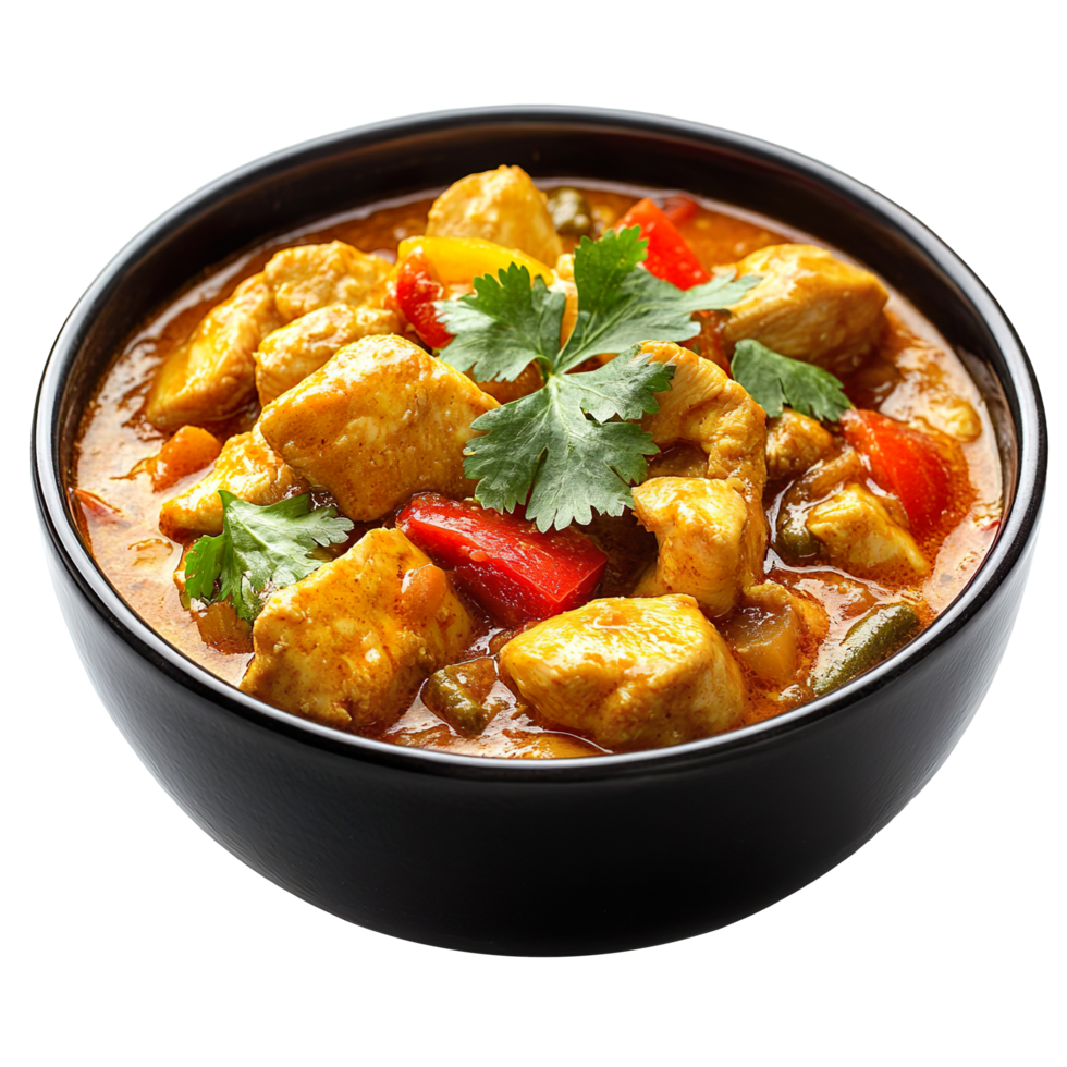 Delicious Chicken Curry In Black Bowl With Vegetables And Herbs Isolated On Transparent Background png