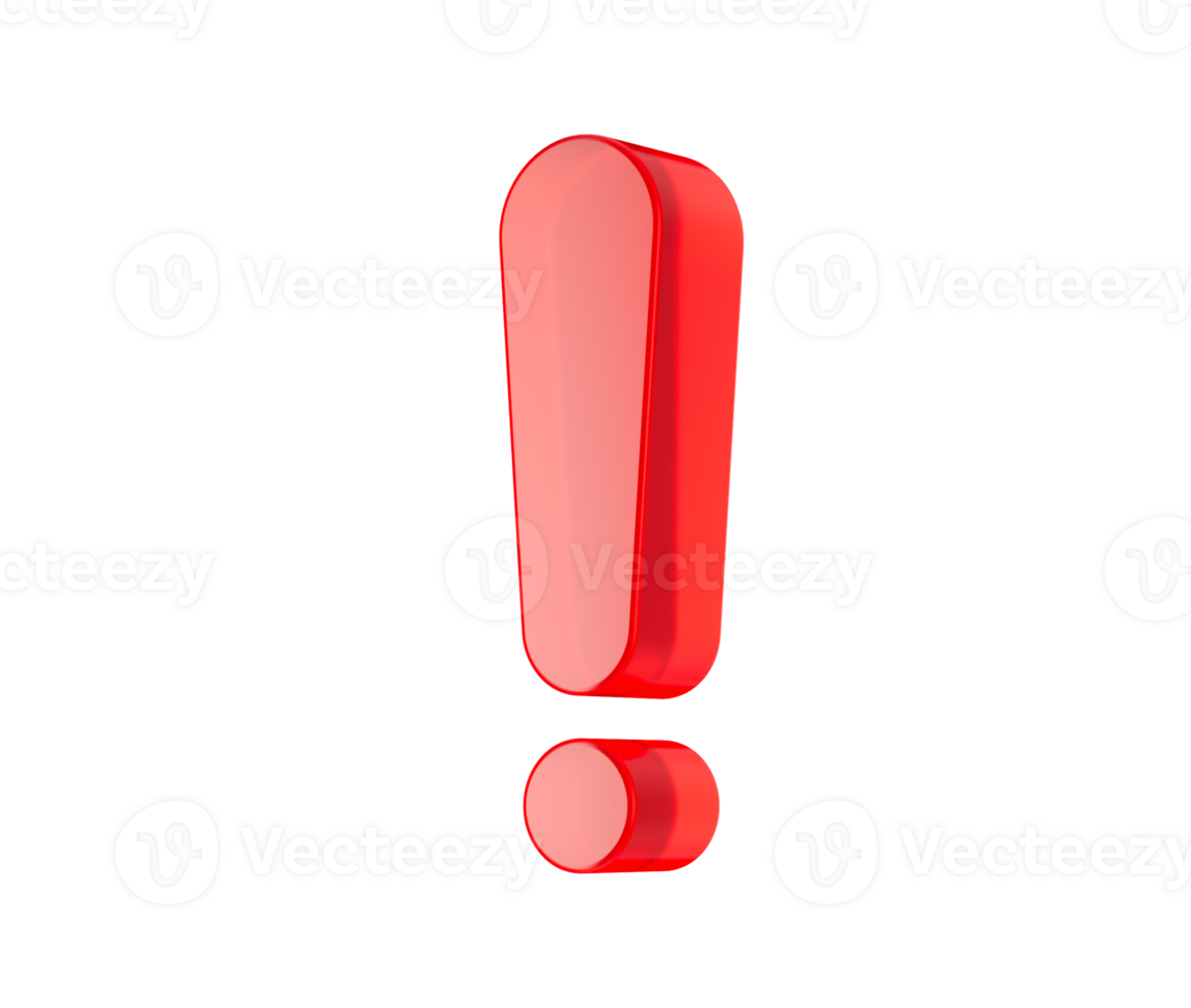 Red exclamation mark with a glossy finish, symbolizing urgency or alertness. 3d illustration png