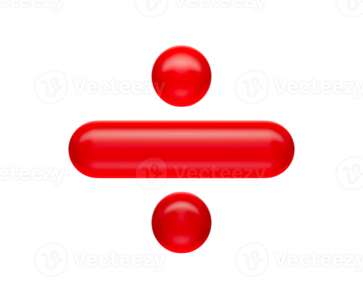 Glossy red division symbol with a sleek and modern reflective appearance. 3d illustration png