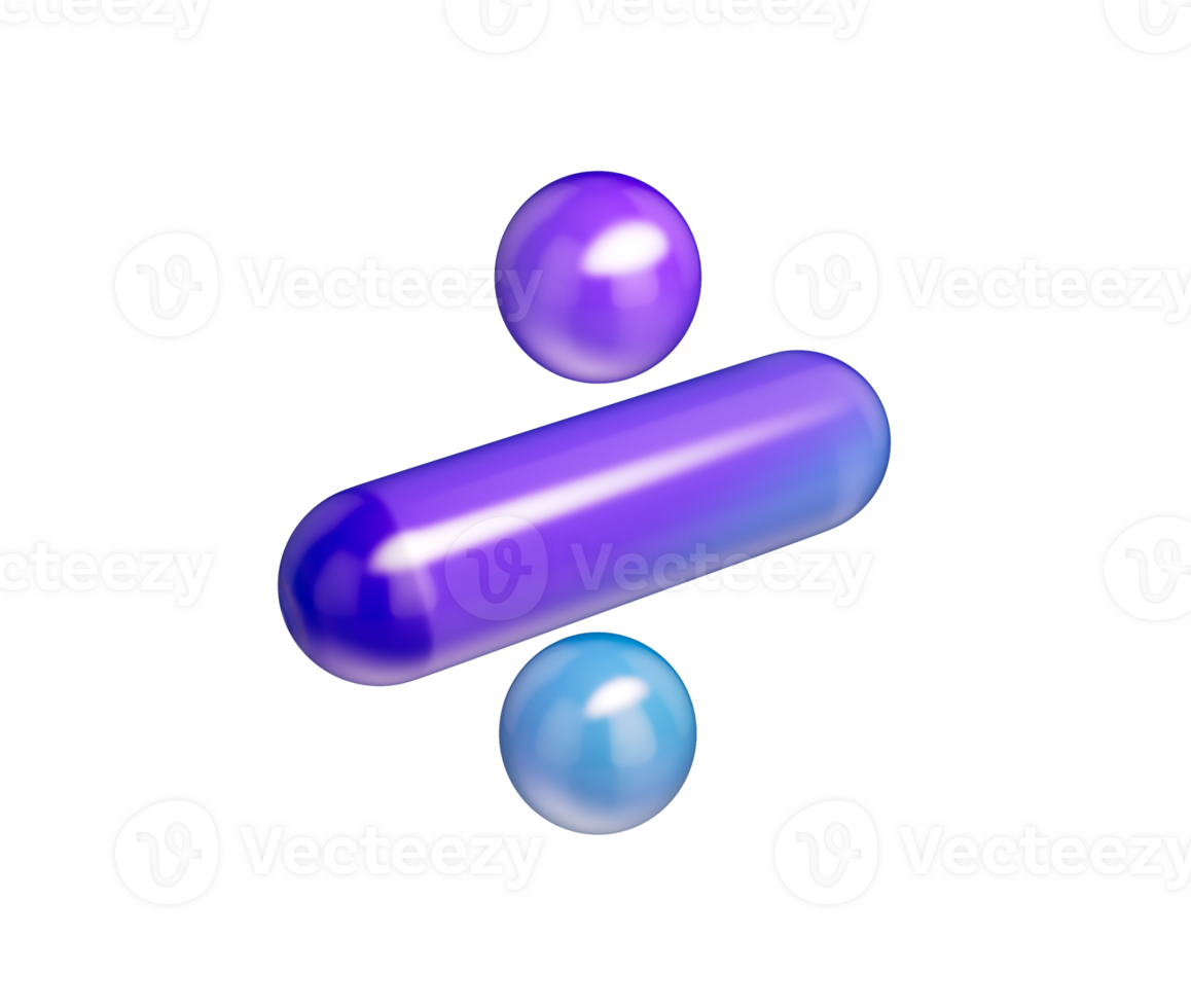 3D Glossy division symbol with a purple-blue gradient, soft reflections and depth. 3D Illustration png