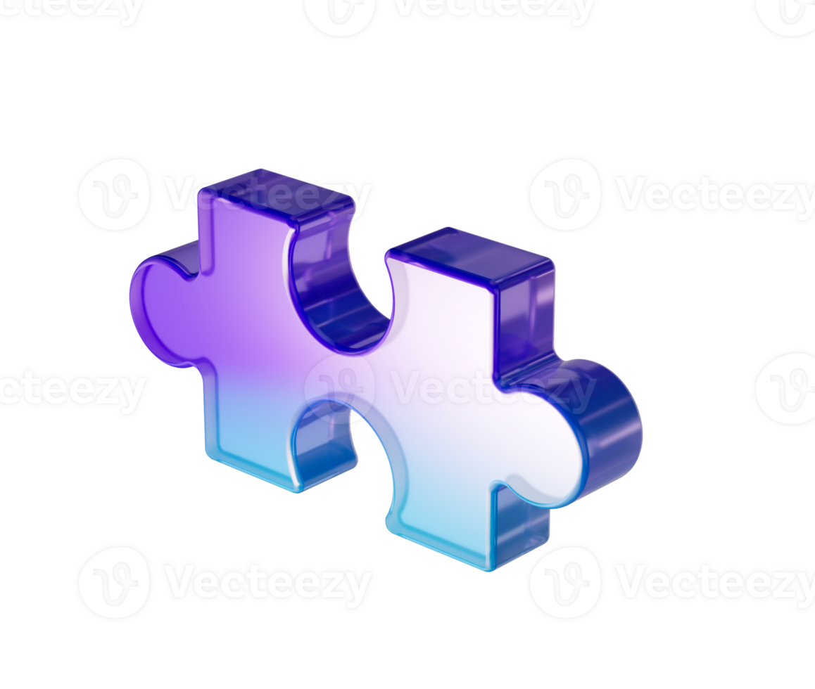 A glossy purple and blue gradient puzzle piece with a sleek, futuristic design. 3d illustration png