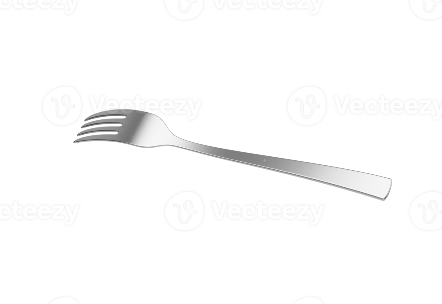 A sleek stainless steel fork with a reflective finish and a slightly curved handle, 3D Illustration png