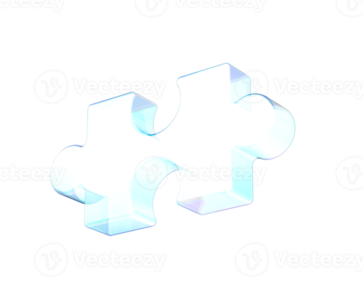 A transparent, glowing blue puzzle piece with a sleek, modern glassy design, 3d illustration png