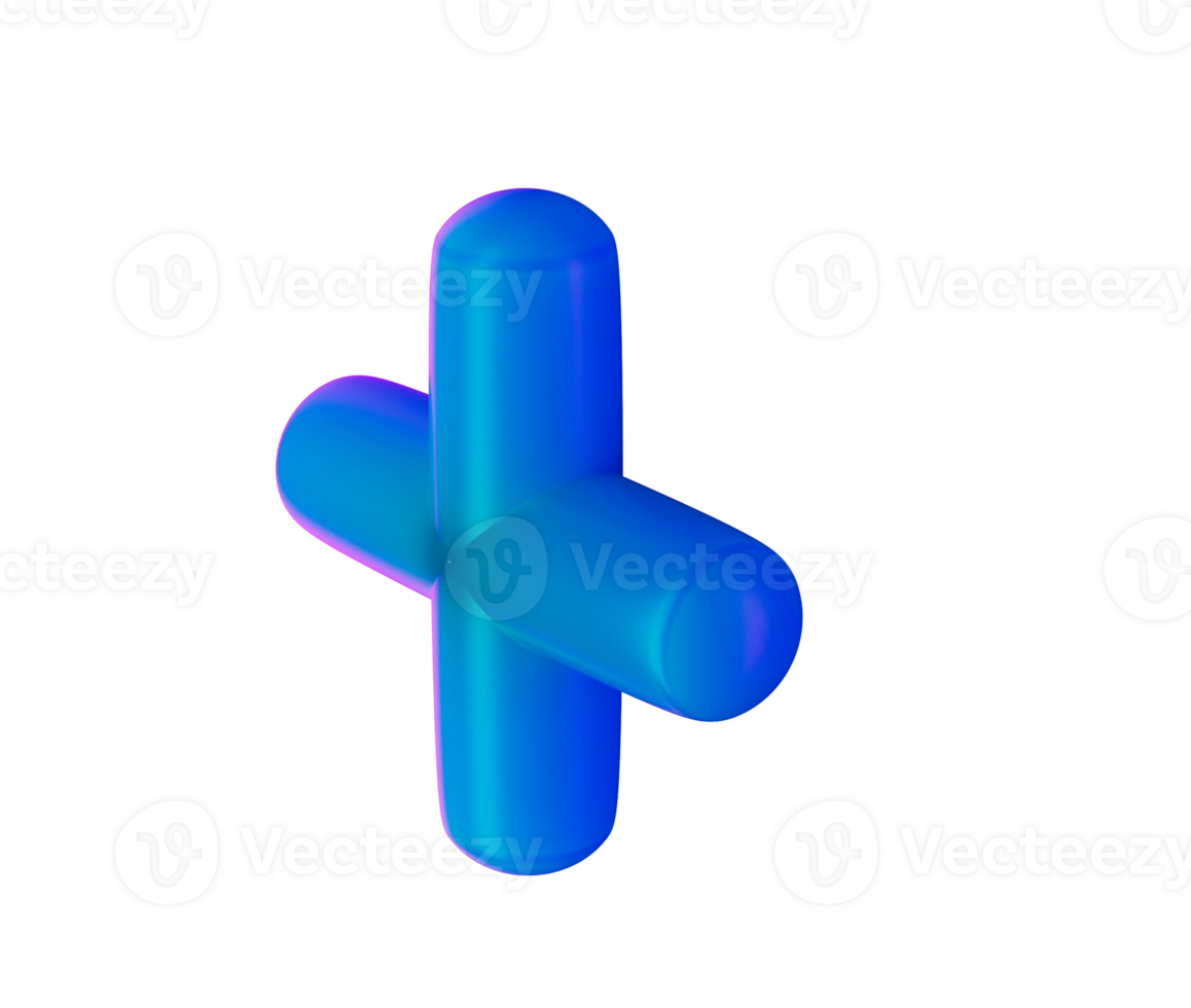 3D Glowing blue plus sign with a gradient finish, featuring smooth, rounded edges. 3D Illustration png