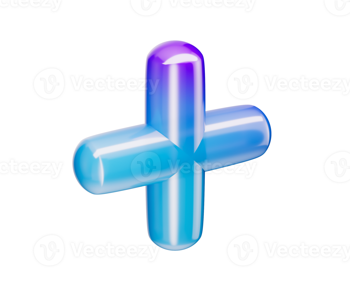 3d Glossy plus sign in a gradient of blue and purple, with a smooth rounded edges. 3D Illustration png
