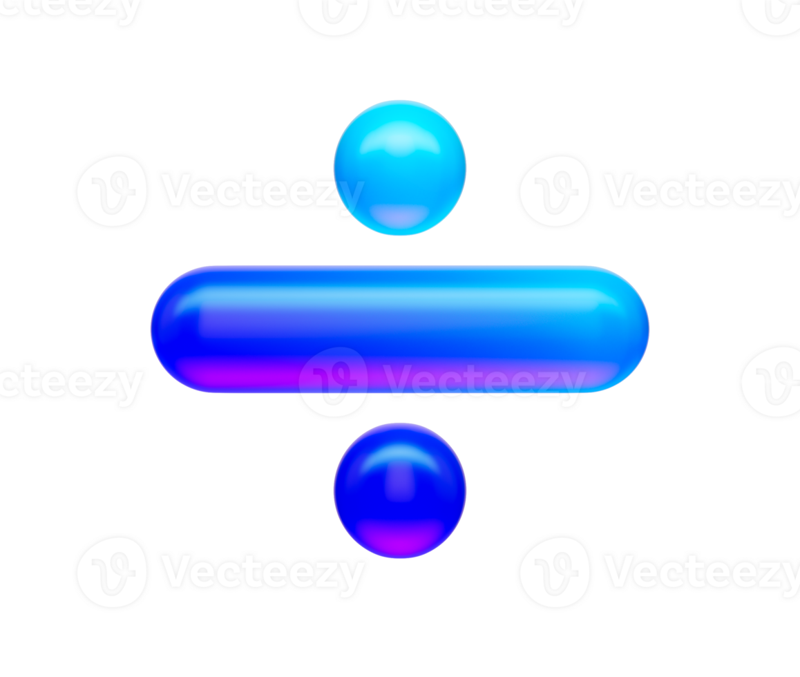 A sleek division symbol with a glossy neon blue gradient, and reflective surface. 3d illustration png