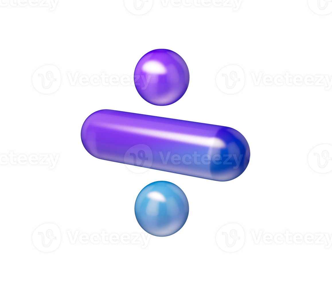 3D Glossy division symbol with a purple-blue gradient, soft reflections and depth, 3D Illustration png
