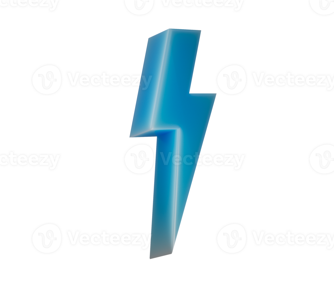 3D Glowing blue lightning bolt icon with a sleek, modern and electrifying look. 3d illustration png