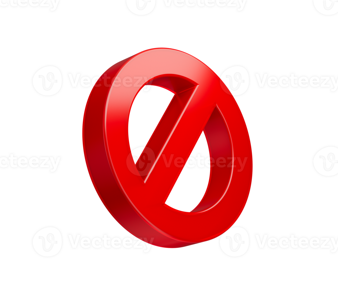 3D Bold red prohibition icon with a diagonal bar, symbolizing restriction or denial. 3d illustration png
