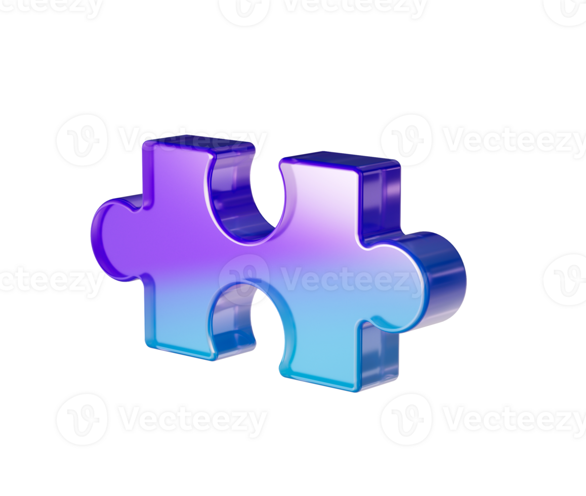 A glossy purple and blue gradient puzzle piece with a sleek, futuristic design, 3d illustration png