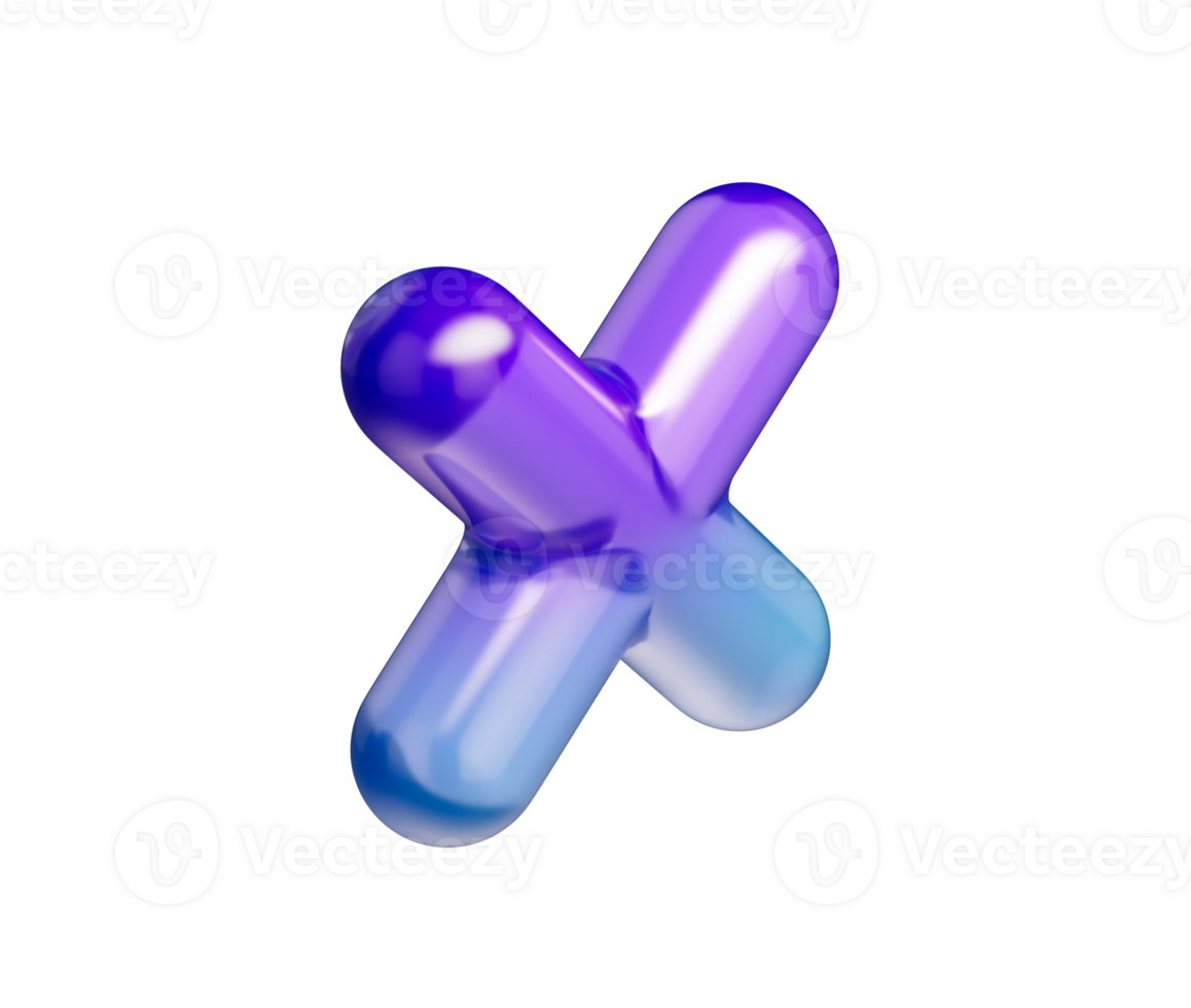 3D Glossy multiply symbol with a purple-blue gradient, soft reflections and depth. 3D Illustration png
