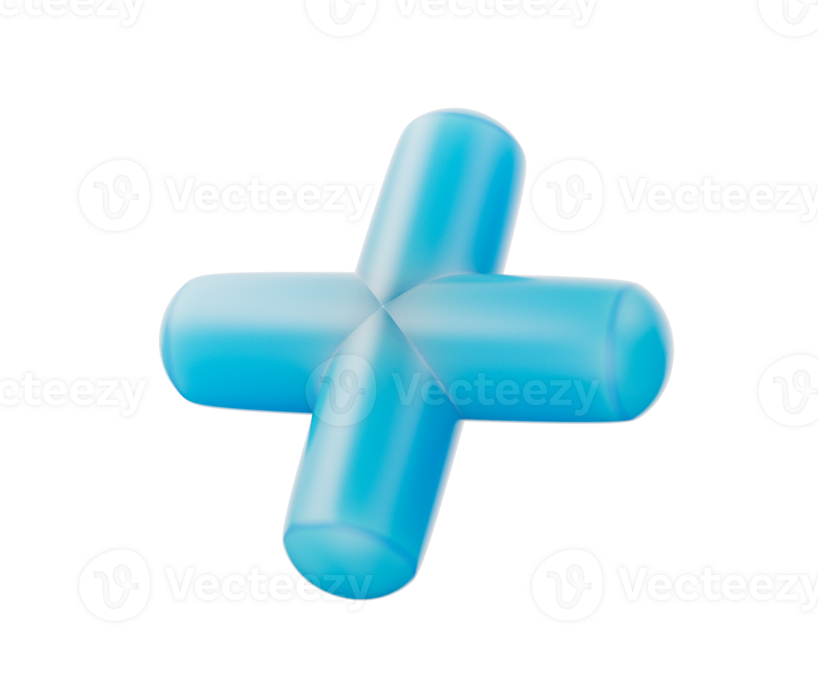 3D Blue plus sign with a glossy finish, featuring smooth, rounded edges. 3D Illustration png