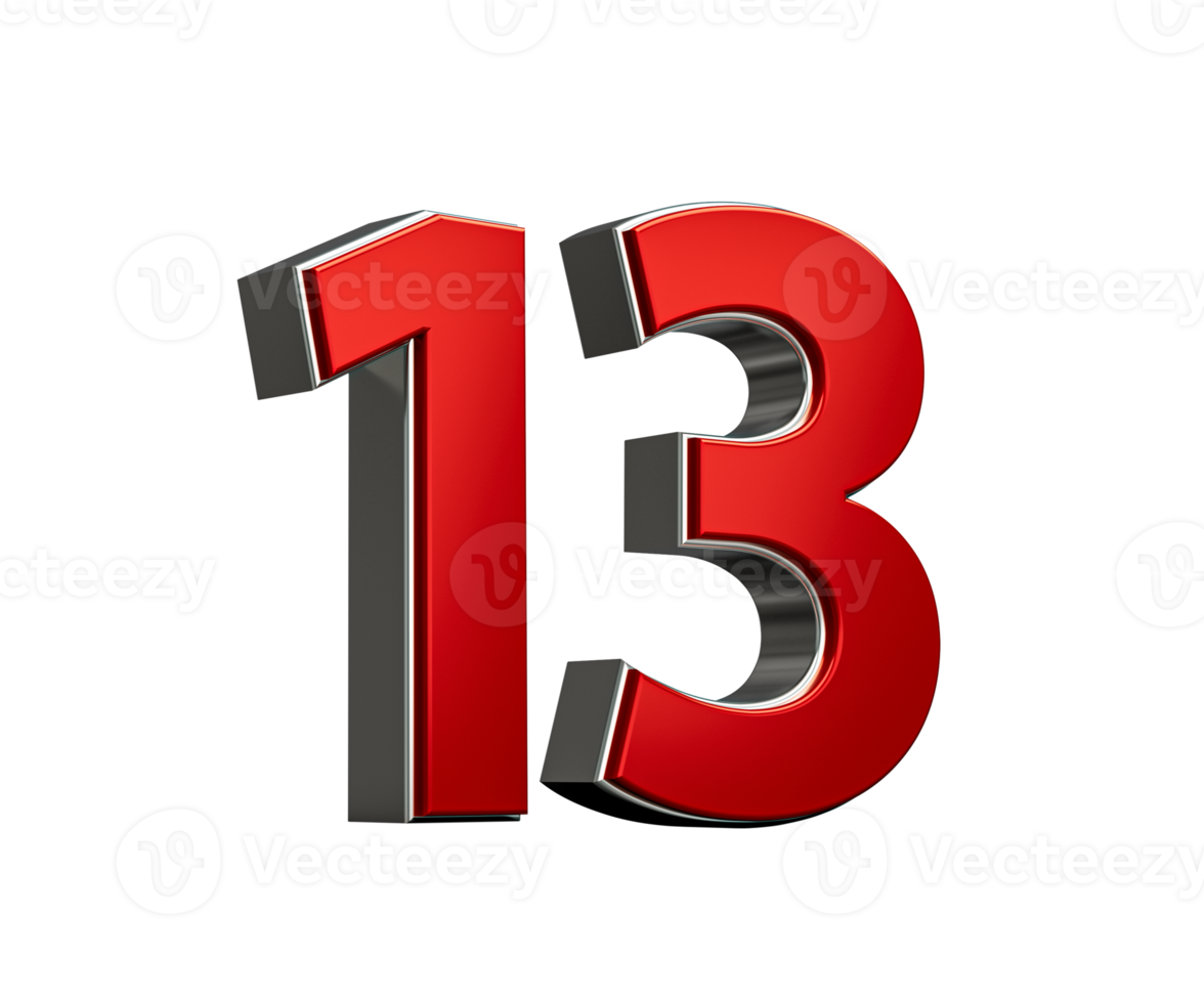 Bold Vibrant Red Number Thirteen Number 13 With Sleek Metallic White Background 3D Illustration png