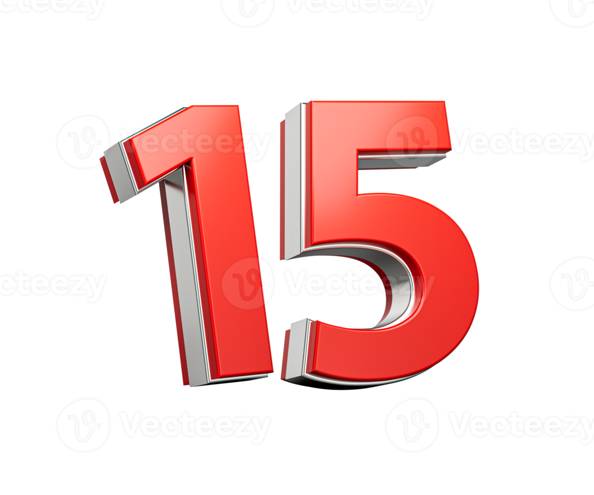 Bold Vibrant Red Number Fifteen Number 15 With Sleek Metallic Gleam On White Background 3D Illustration png