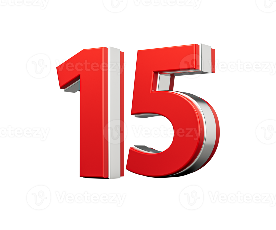 Bold Vibrant Red Number Fifteen Number 15 With Metallic On White Background 3D Illustration png
