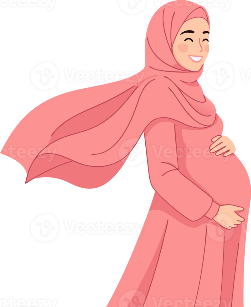 Pregnant Woman Smiling in Pink Hijab with Flowing Scarf and Joyful Expression png