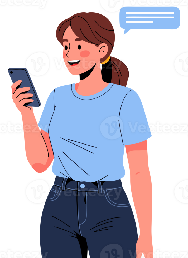 Happy Woman Texting on Smartphone and Engaging in Social Media with Message Bubble for Modern Communication Concepts png