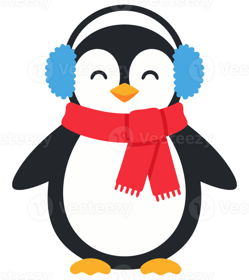 Cute and Cheerful Penguin in Cozy Earmuffs and Red Scarf for Winter Joy and Holiday Cheer png