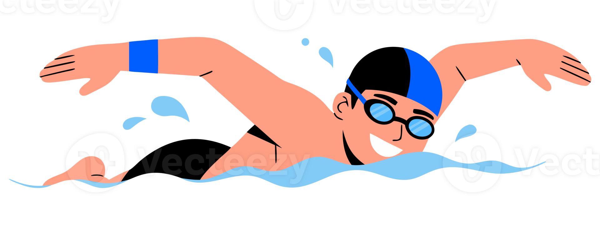 Happy Male Swimmer Competing in Aquatic Sport While Swimming Freestyle in Clear Water with a Bright Smile and Fitness Enthusiasm png